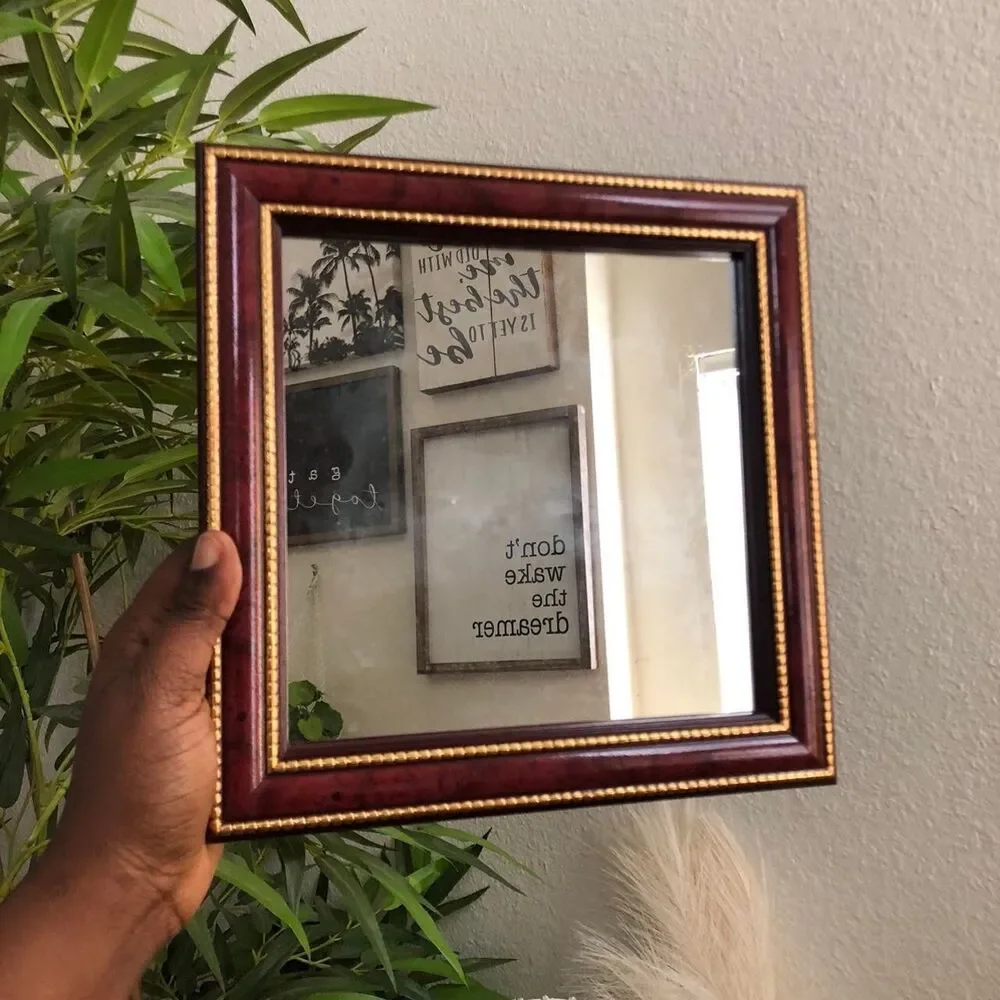 Retro Wood Framed Wall Hanging Mirror Gold Trim Set Bundle Lot-2 Square Diamond